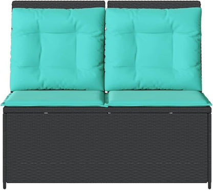 2-Person Reclining Patio Bench with Turquoise Cushions, Adjustable Backrest Outdoor Garden Sofa, Powder-Coated Steel Frame Poly Rattan Furniture for Terrace