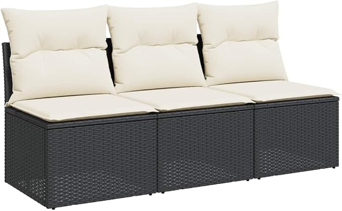 3-Seater Garden Sofa in Black and Cream White, Modular Outdoor Furniture with Weather-Resistant Poly Rattan Frame, Removable Cushions and Waterproof Storage Bag for Patio,