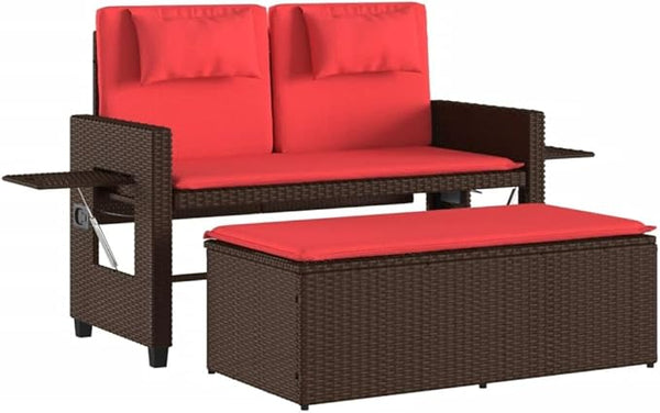 Reclining Patio Bench with Cushions Brown Poly Rattan Porch Bench Outdoor Bench Garden Bench Deck Bench for patios - Photo 1
