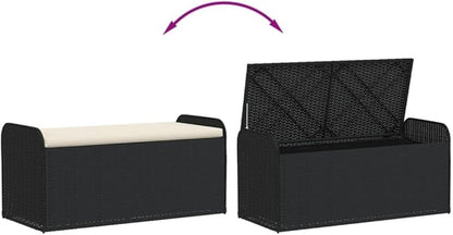 vidaXL Black Poly Rattan Storage Bench with Cream White Cushion - Weather- Outdoor/Patio/Garden Seating Furniture with Spacious Storage