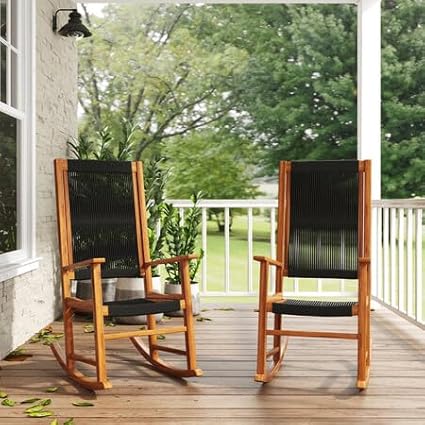 East Green Hudson Modern Outdoor Rocking Chair with Black Rope Accents - Wooden Porch Rocker Crafted from Weather-Resistant Acacia Wood
