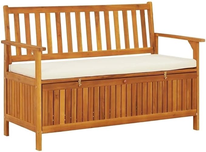 BOWERY HILL Solid Acacia Wood Cushion Storage Bench, Natural Finish, Rectangular 47.2 x 47.2 x 33.1 in, Indoor/Outdoor Use, Rustic Style, Hallway or Garden Seating with Hidden Storage