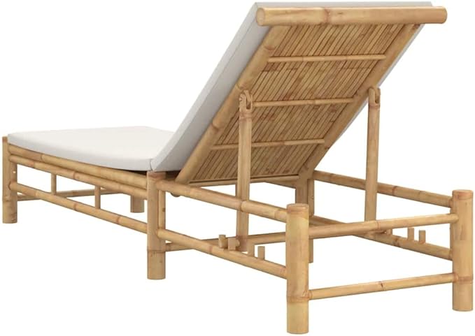 Adjustable Sun Lounger with Cushions, Cream White Bamboo Outdoor Chaise Lounge for Poolside and Garden, Patio Furniture with Removable Cover and 3-Position Backrest, Supports 242 lbs