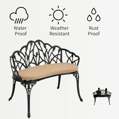 Patio Aluminum Outdoor Bench with Soft Cushion, Garden Metal Loveseat Furniture, Leaf Carving Antique Black Front Porch Chair Seat