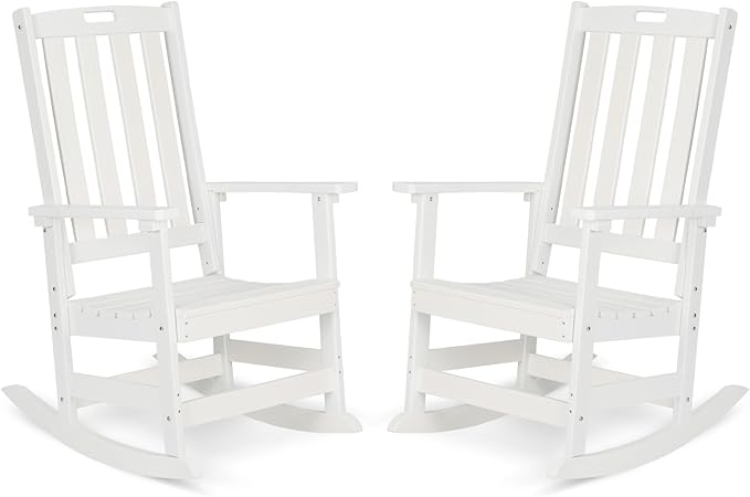 Aoodor Outdoor Rocking Chair, Ergonomic HDPE Rockers with All-Weather Design for Patio or Porch, Color White,Set of 2