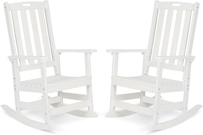 Aoodor Outdoor Rocking Chair, Ergonomic HDPE Rockers with All-Weather Design for Patio or Porch, Color White,Set of 2