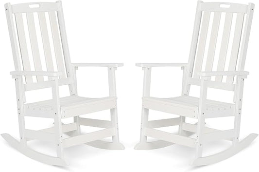 Aoodor Outdoor Rocking Chair, Ergonomic HDPE Rockers with All-Weather Design for Patio or Porch, Color White,Set of 2