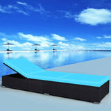 PE Rattan Sunlounger Outdoor Chaise Lounge 76.8x23.6x12.2in Steel Frame Adjustable Backrest Black with Blue Cushion for - Photo 2