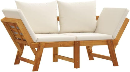 Solid Acacia Wood Garden Bench with Adjustable Armrests and Convertible Design, Cream White 2-in-1 Outdoor Seating for Patio with Breathable Slatted Seat and Removable