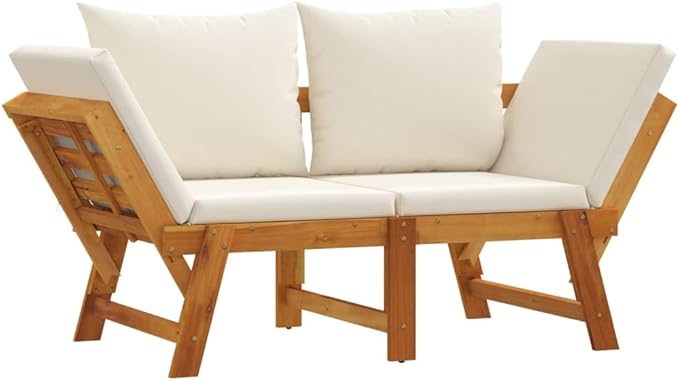 Garden Bench Cream White Solid Acacia Wood 2-in-1 Adjustable Convertible Design with Plush Cushions and Adjustable Armrests for Outdoor Patio Seating and Relaxation
