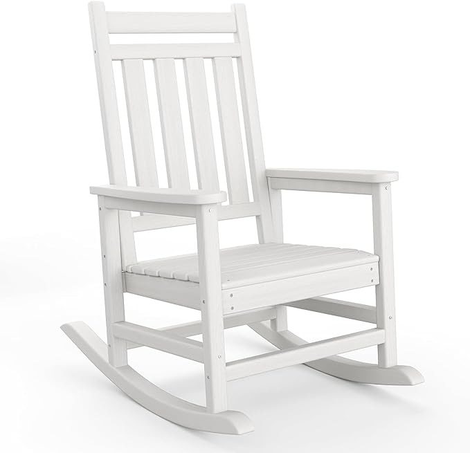 HDPE Outdoor High Back Adirondack Rocking Chair, All-Weather Patio Furniture for Adults, 380lbs Weight Capacity, Low-Maintenance Porch Rocker for Backyard/Garden, White