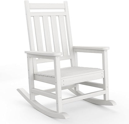 HDPE Outdoor High Back Adirondack Rocking Chair, All-Weather Patio Furniture for Adults, 380lbs Weight Capacity, Low-Maintenance Porch Rocker for Backyard/Garden, White