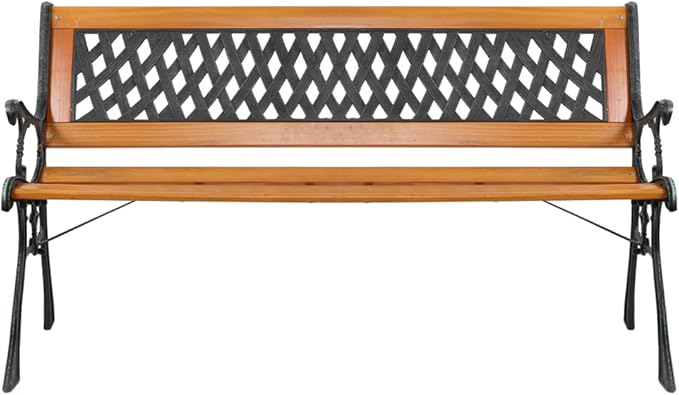 49 inch Outdoor Patio Garden Bench, Metal Park Bench, Cast Iron Bench and Hardwood Weather Resistant Weave Design 330lbs Capacity for Porch, Deck, Patio Seat Bronze Natural Finish