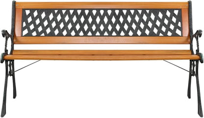 49 inch Outdoor Patio Garden Bench, Metal Park Bench, Cast Iron Bench and Hardwood Weather Resistant Weave Design 330lbs Capacity for Porch, Deck, Patio Seat Bronze Natural Finish
