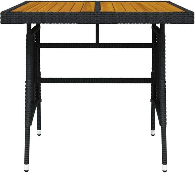 vidaXL Outdoor Patio Table - 27.6"x27.6"x28.3", Weather-Resistant Poly Rattan Detailing & Solid Acacia Wood Tabletop, Powdered Steel Frame, Lightweight - Black