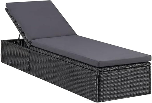 Adjustable Rattan Sunlounger Black Dark Gray 77.9 x 23.6 x 32.9 in PE-Wicker Outdoor Chaise Lounge with Removable Cushion for Patio Garden Poolside Balcony