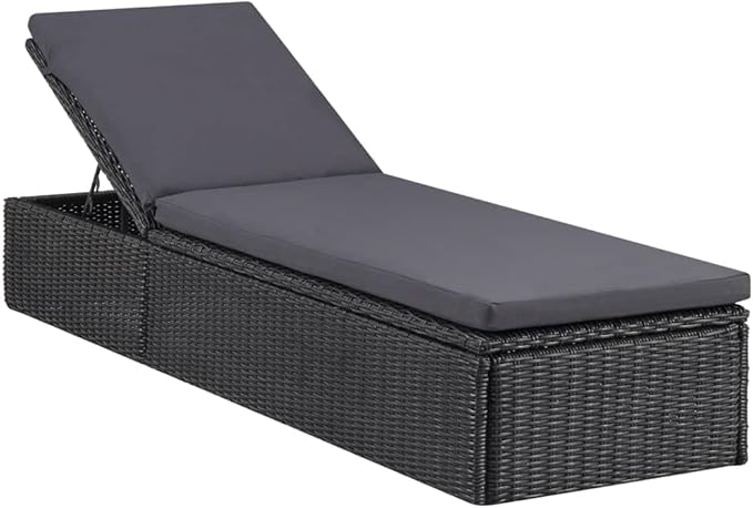 Adjustable Rattan Sunlounger Outdoor Chaise Lounge 77.9"x23.6"x32.9" Black PE Rattan Recliner Patio Lounger for Garden Pool Backyard Balcony