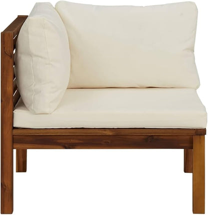Outdoor Sectional Corner Sofa in Cream White, 27.2 x 27.2 x 24.6 in Solid Acacia Wood Couch Set for Balcony, Patio or Garden Seating