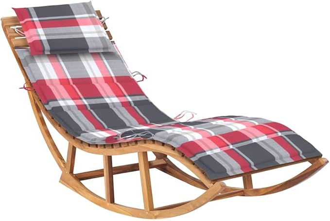 vidaXL Rocking Sun Lounger with Cushion, Outdoor Relaxation Chair, Durable Solid Teak Wood, Fine Sanded Smooth Appearance, Weather-Resistant, Red Check Pattern Cushion, Ideal for Patio/Balcony/Garden