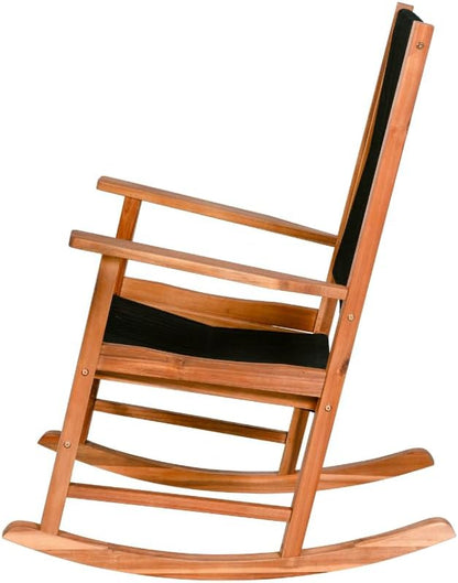 East Green Hudson Modern Outdoor Rocking Chair with Black Rope Accents - Wooden Porch Rocker Crafted from Weather-Resistant Acacia Wood