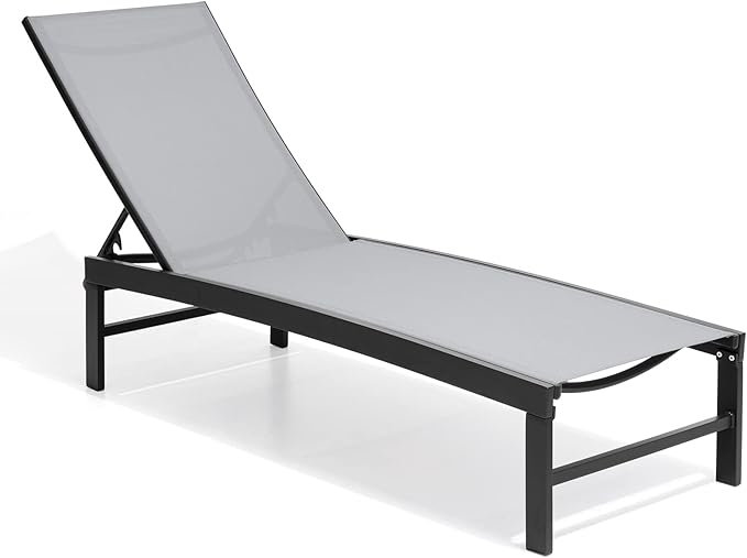 Crestlive Products Outdoor Lounge Chairs, Aluminum Pool Chaise Lounge Chairs, Adjustable Five-Position Tanning Recliner, All Weather for Patio, Beach, Yard, Pool (1PC Light Gray)