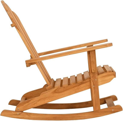 Solid Teak Wood Outdoor Rocking Chair Adirondack Design Brown 39.4x30.3x38.6in Oiled Finish Garden Patio Lounge Furniture for Backyard Porch Balcony