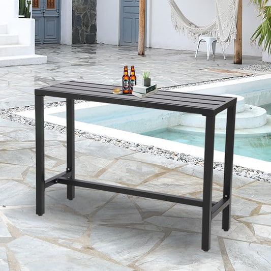 Outdoor Bar Table, Patio Console Pub Height Tables with Powder Coated Steel Frame, Weather Resistant Waterproof Top for Hot Tub, Balcony, Garden, Yard, Poolside (Black, 55" Bar Table)
