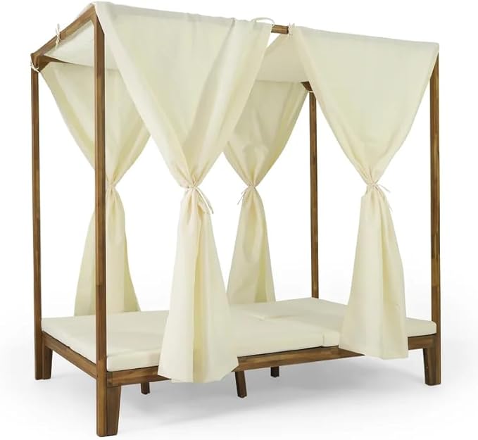 Christopher Knight Home Kenzie Acacia Wood Outdoor Daybed with Canopy, Double Chaise Lounge Chair Outdoor with Cushion - Photo 5