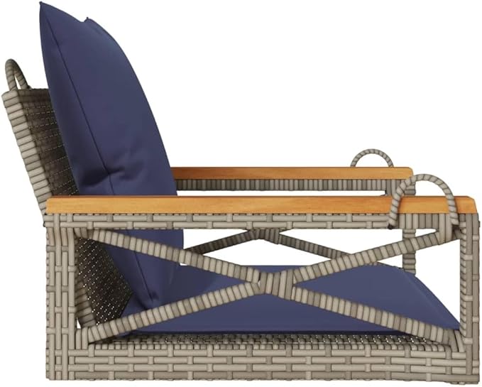 Gray PE Rattan Single Detachable Patio Swing Bench with Navy Cushions for Outdoor Relaxation in Garden or Balcony, Weather-Resistant and Easy Maintenance