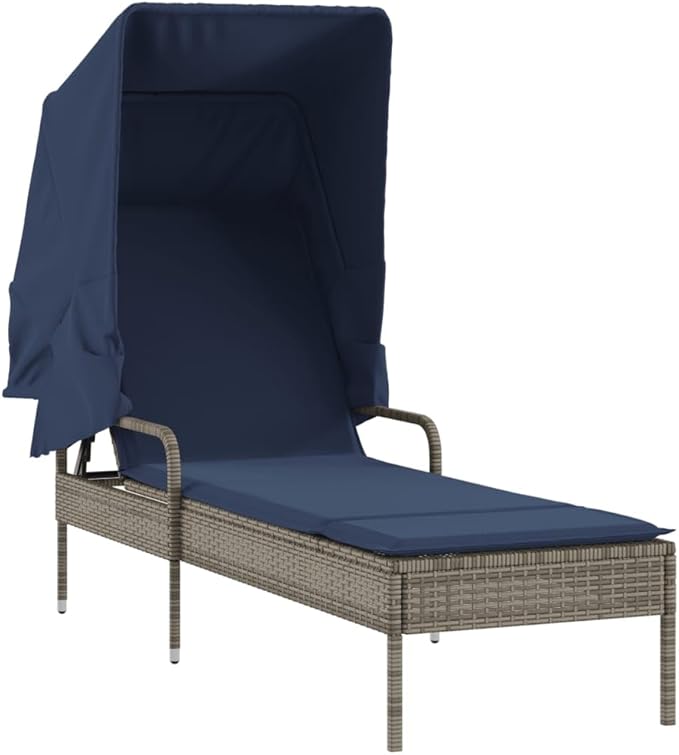 Gray PE Rattan Chaise Lounge with Retractable Canopy & Side Table, 31x78.7x20.2 in Patio Recliner for Garden, Poolside - Photo 5