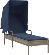 vidaXL Sun Lounger with Canopy - Adjustable Chaise Lounge for Outdoor Garden Patio - Gray Poly Rattan, Navy Blue Cushion - Photo 4