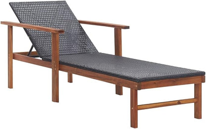 Poly Rattan Outdoor Chaise Lounge 78.7" Reclining Poolside Sunlounger with Acacia Wood Frame, Cream Cushions, UV-Tough Wicker for Patio Garden Balcony Deck