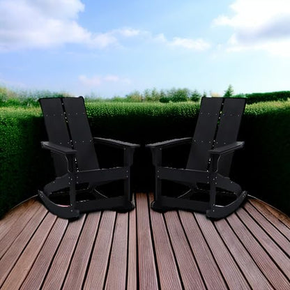 Flash Furniture Finn Modern Commercial Poly Resin Wood Adirondack Rocking Chair - All Weather Black Polystyrene - Dual Slat Back - Stainless Steel Hardware - Set of 2