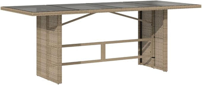 vidaXL Beige Rattan Patio Table - Glass top/Outdoor Garden Furniture - 74.8"x31.5"x29.5" | uv-Resistant