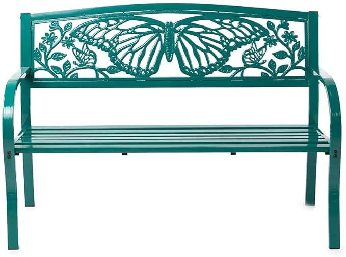 Wind & Weather Teal Iron Butterfly Garden Bench 4-Feet Wide by 2.75-Feet High by 1.75-Feet Deep Sturdy, Powder-Coated Bench for All Seasons, Adds Pop of Gorgeous Color to Your Garden