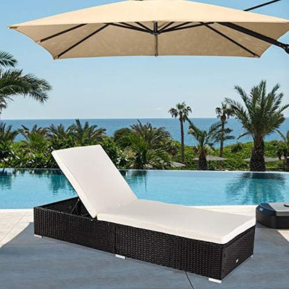 VINGLI Adjustable Wicker Patio Chaise Lounge Outdoor, Rattan Outdoor Lounge Chair, All Weather Patio Chaise Lounge with Adjustable Backrest and Soft Cushions Wicker Daybed (Black)