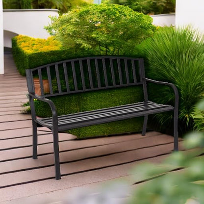 Giantex Outdoor Bench, 50” Patio Garden Bench with Steel Frame, Slat Design, 500 Lbs Weight Capacity, Patio Seating Bench for Porch, Backyard, Poolside, Outside Decor Furniture, Park Loveseat, Black
