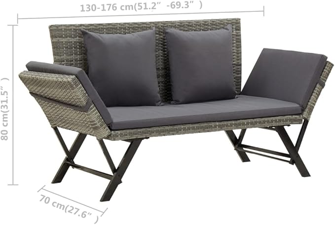 Garden Bench Deck Bench Patio Bench with Cushions 69.3" Gray Poly Rattan - Photo 2