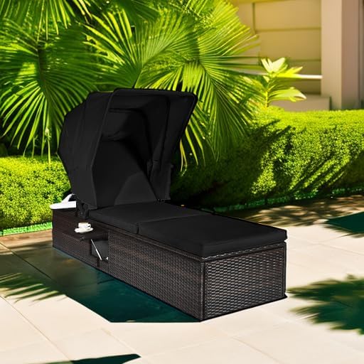 Tangkula Outdoor Chaise Lounge Chair with Folding Canopy, Adjustable Cushioned Reclining Chair with Flip-up Tea Table, Rattan Sun Lounger for Beach Poolside Backyard Balcony Porch (1, Black)