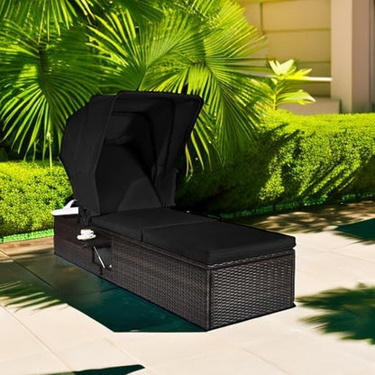 Tangkula Outdoor Chaise Lounge Chair with Folding Canopy, Adjustable Cushioned Reclining Chair with Flip-up Tea Table, Rattan Sun Lounger for Beach Poolside Backyard Balcony Porch (1, Black)