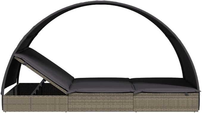 Gray PE Rattan Sunbed, Two-Person Outdoor Chaise Lounge Chair, Adjustable Armrests, Weather-Resistant Patio Recliner for Garden, Balcony Outdoor Chaise