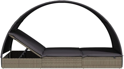 Gray PE Rattan Sunbed, Two-Person Outdoor Chaise Lounge Chair, Adjustable Armrests, Weather-Resistant Patio Recliner for Garden, Balcony Outdoor Chaise