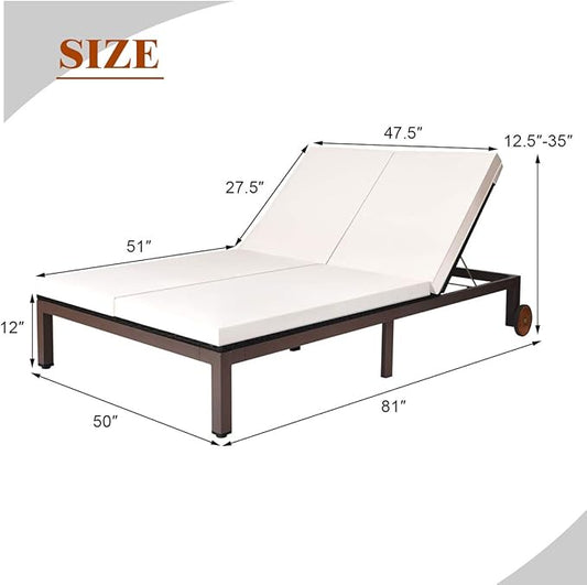 COSTWAY 2-Person Patio Rattan Lounge Chair Chaise Recliner Adjustable Cushion