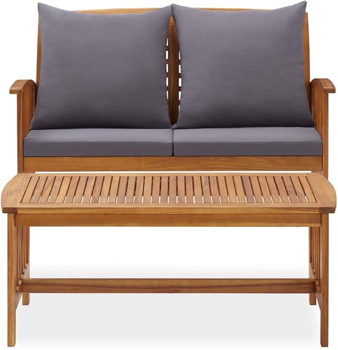 Dark Grey Solid Acacia Wood Garden Lounge Set with Oil Finish - 2-Piece Outdoor Patio Furniture Set Including Wooden Bench and Table