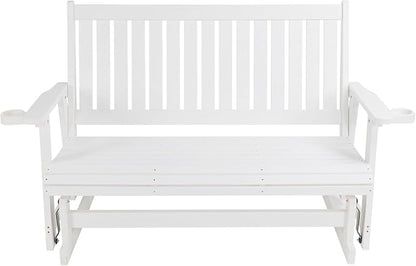 HIPS Patio Glider with Cup Holders, Durable Poly Lumber Material, All-Weather Resistant, High Backrest and Deep Contoured Seat, Heavy Duty 900 LB, for Outdoor, Porch, Patio (Ivory White, 3-Seat)