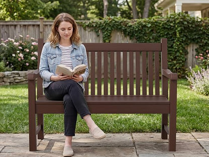 Psilvam Garden Bench, 2-Person Poly Lumber Patio Bench, All-Weather Outdoor Bench that Never Rot and Fade, Suit for Garden, Porch and Park (Brown)