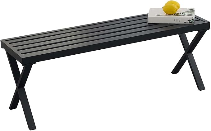Metal Garden Bench for Outdoors, Black Outdoor Benches Slats for Patio, Patio Backless Bench with Cross Leg,Dining Bench for Porch, Lawn, Balcony, Backyard and Park