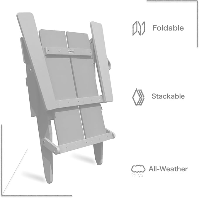 Modern Folding Adirondack Chair, All-Weather HIPS Plastic Outdoor Lounge with Cup Holder, Stackable Resin Patio Chair for Fire Pit, Garden, Deck & Backyard Seating (Gray)