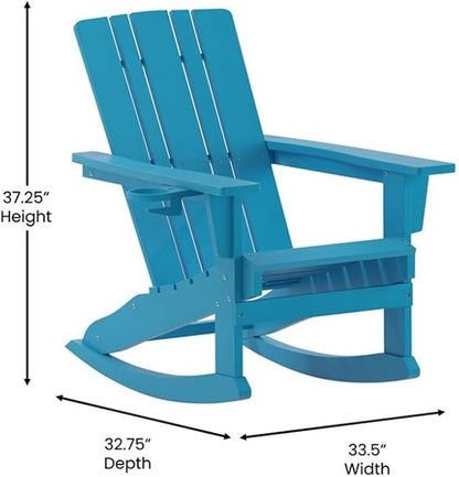 BOWERY HILL Plastic Rocking Adirondack Chair, 37.25" H x 33.5" W x 32.75" D, Blue Finish, HDPE Material, Cupholder, Indoor/Outdoor Weather-Resistant Design, Comfortable Porch Seating