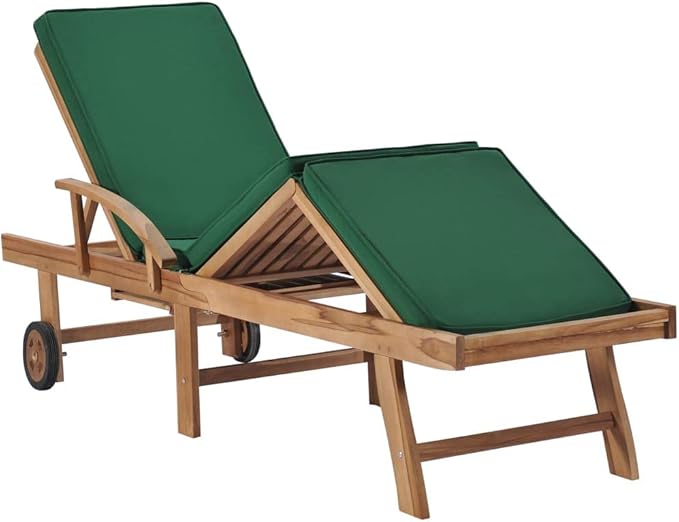Sun Lounger Set of 2, Outdoor Patio Chaise Lounge Chairs with Adjustable Backrest and Wheels, Solid Teak Wood Poolside Garden Furniture, Green Polyester Cushions for Relaxation
